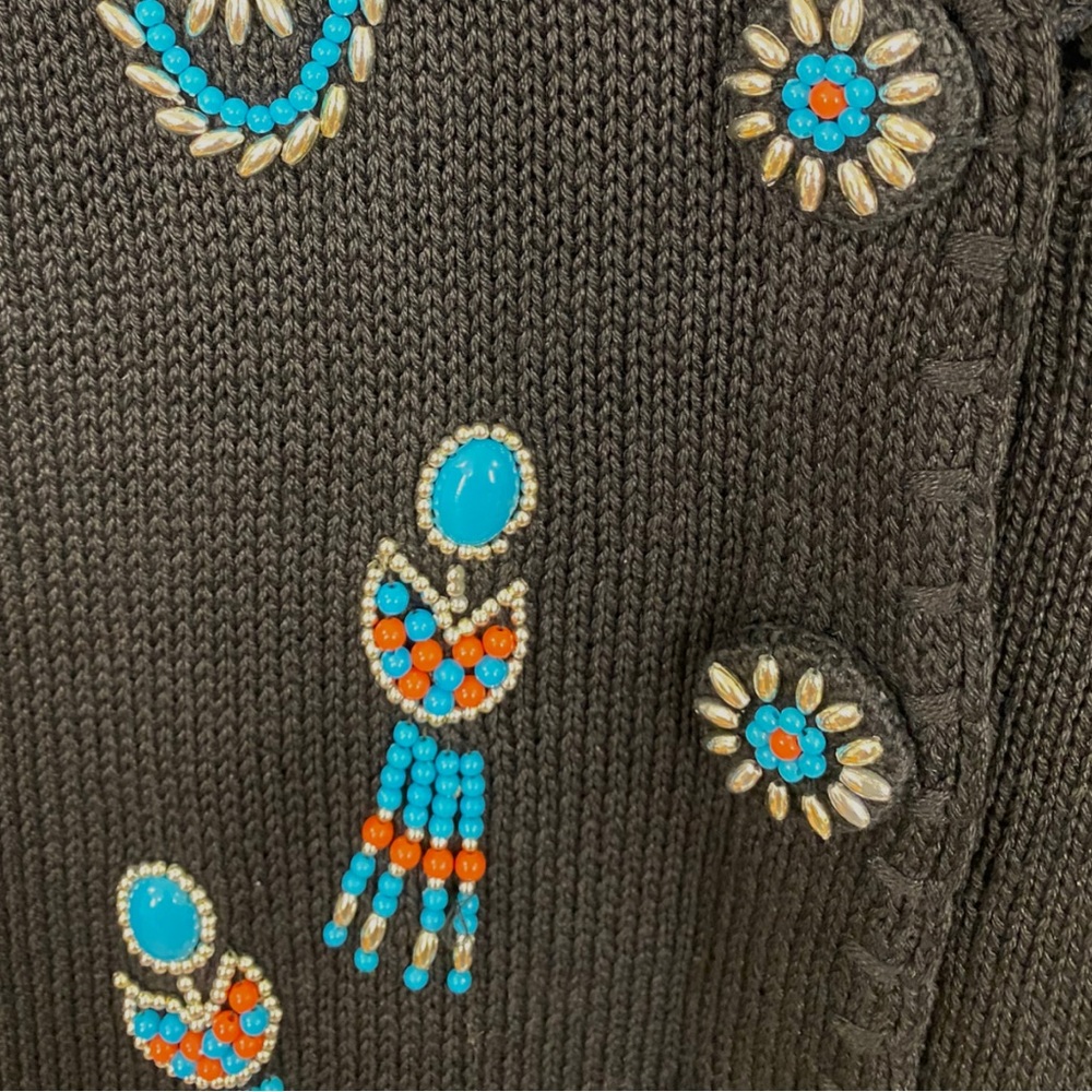 Vintage Victoria Jones Black Knit Southwest Beaded Long Sleeveless Cardigan - Picture 3 of 8